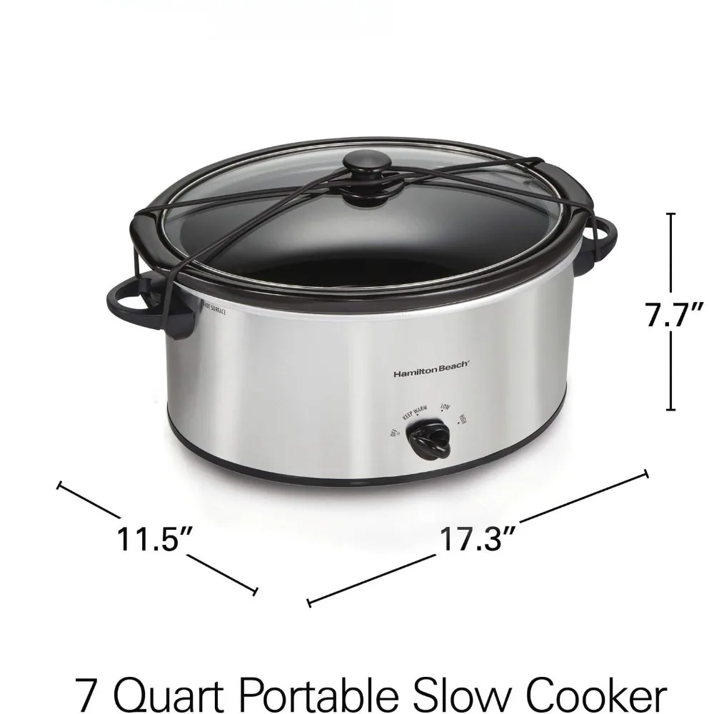 7-Quart Portable Slow Cooker Serves 8+, Dishwasher Safe Crock, Lid Latch Strap for Travel, Brushed Silver, Multi-functional Pot 5