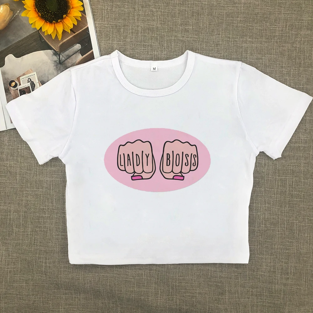 American basic round neck pullover letter print knit short sleeve T-shirt Spice Girls Summer Slim-fit crop top