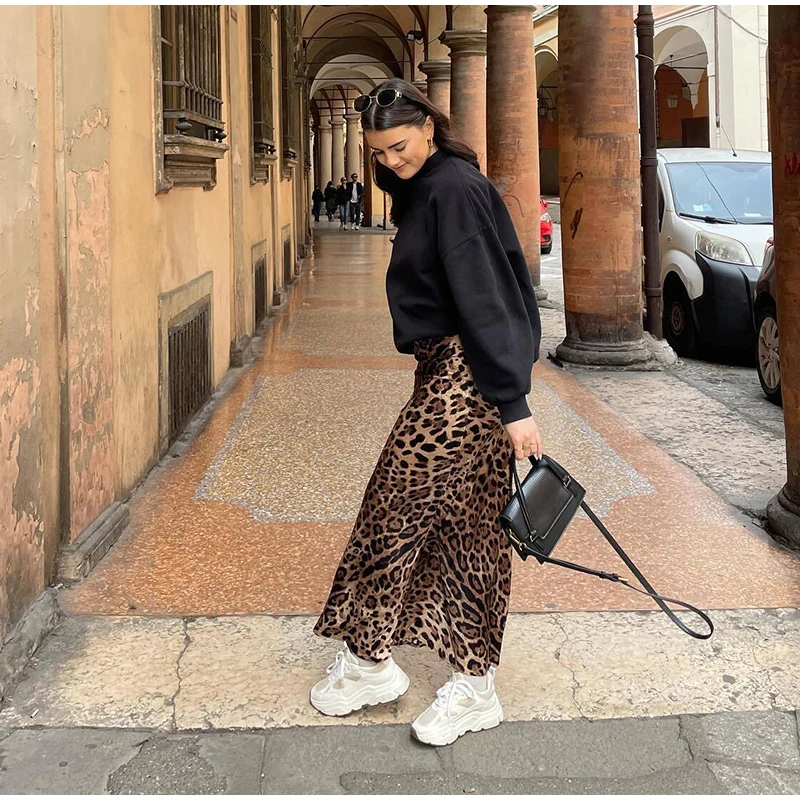 Faldas largas con estampado de leopardo para mujer, elegantes, holgadas, de cintura alta, estilo midi, informales, de verano