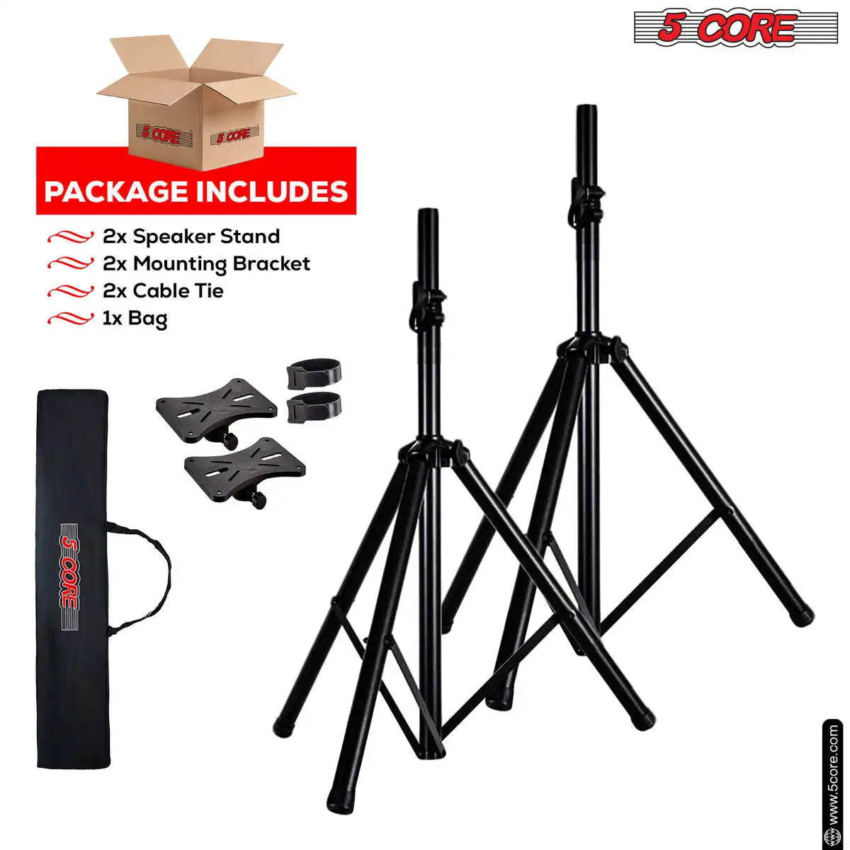 5 Core Speaker Stand Tripod Floor Adjustable Up to 48 Inch DJ Studio Monitor Stands Pole Mount Pair-SS HD 2PK 4FT WB