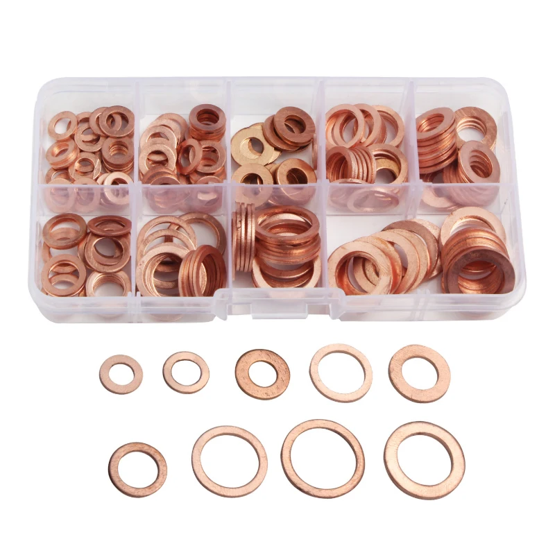 

200Pcs Copper Washer M5-M14 Gasket Nut and Bolt Set Flat Ring Seal Assortment Kit With Box for Sump Plugs Water
