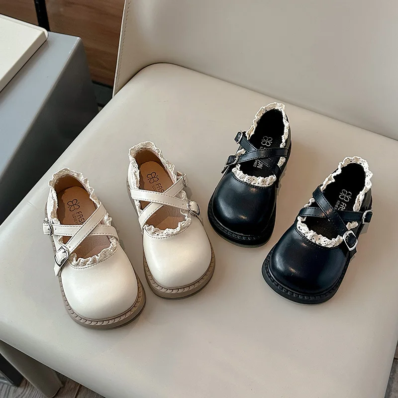 Fashion Princess Shoes for Girls Children Cross Strap PU Leather Flats Baby Girls Lace Lotus Edge Trendy Mary Jane Dress Shoes 2
