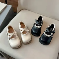 Fashion Princess Shoes for Girls Children Cross Strap PU Leather Flats Baby Girls Lace Lotus Edge Trendy Mary Jane Dress Shoes 2