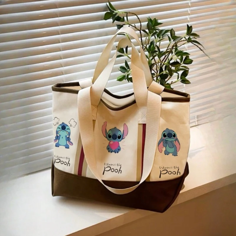 Miniso retro cartoon Winnie Bear canvas bag women, commuting tote bag, versatile large capacity one-shoulder tote bag
