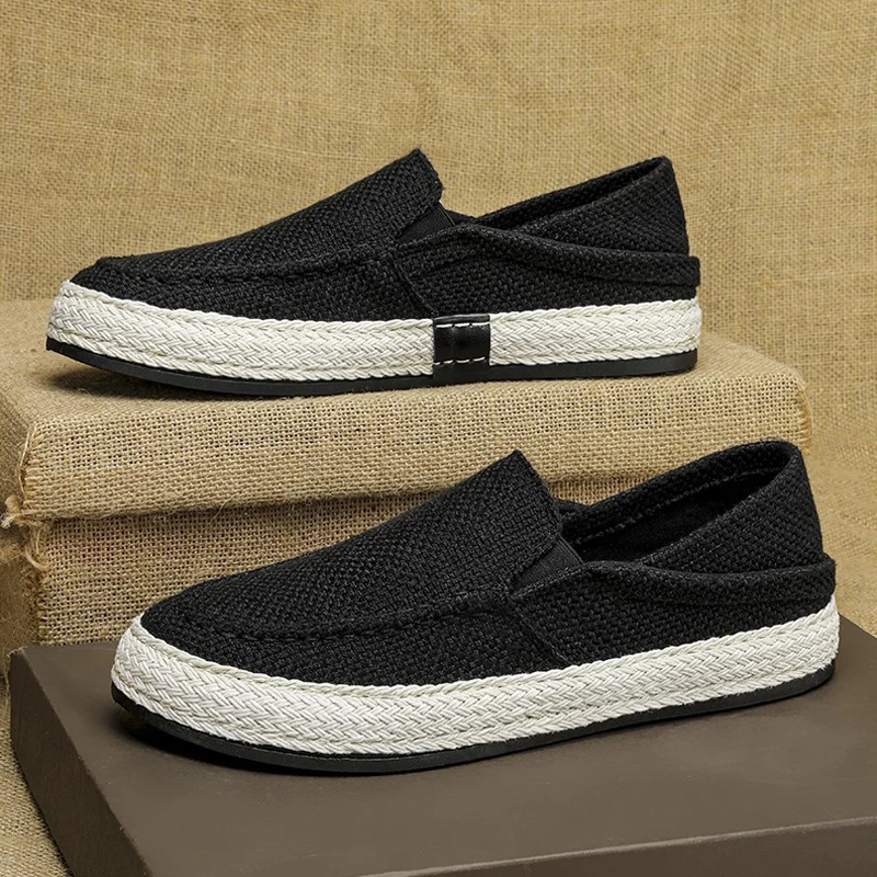 Men's Canvas Slip-On Shoes Breathable Summer Low-Top Soft Bottom round Toe Thick Heel Pure Color Korean Style Rubber Outsole