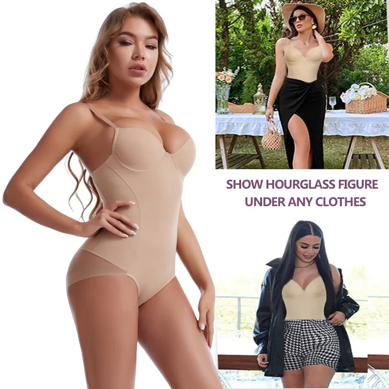 Women Seamless Tummy Control Bodysuit Backless Corset Built In Bra Body Shaper Soft Full Body Underwear Compression Camisole Top