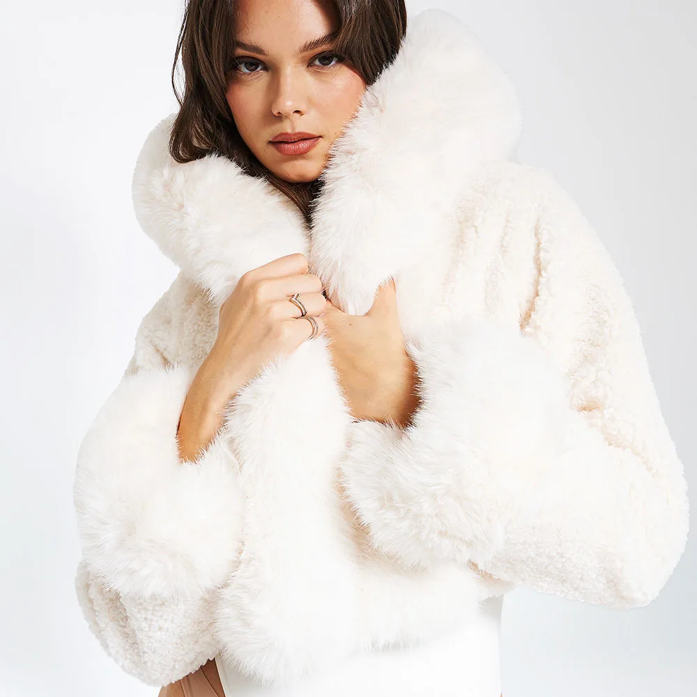 Women White Fur Drawstring Jacket