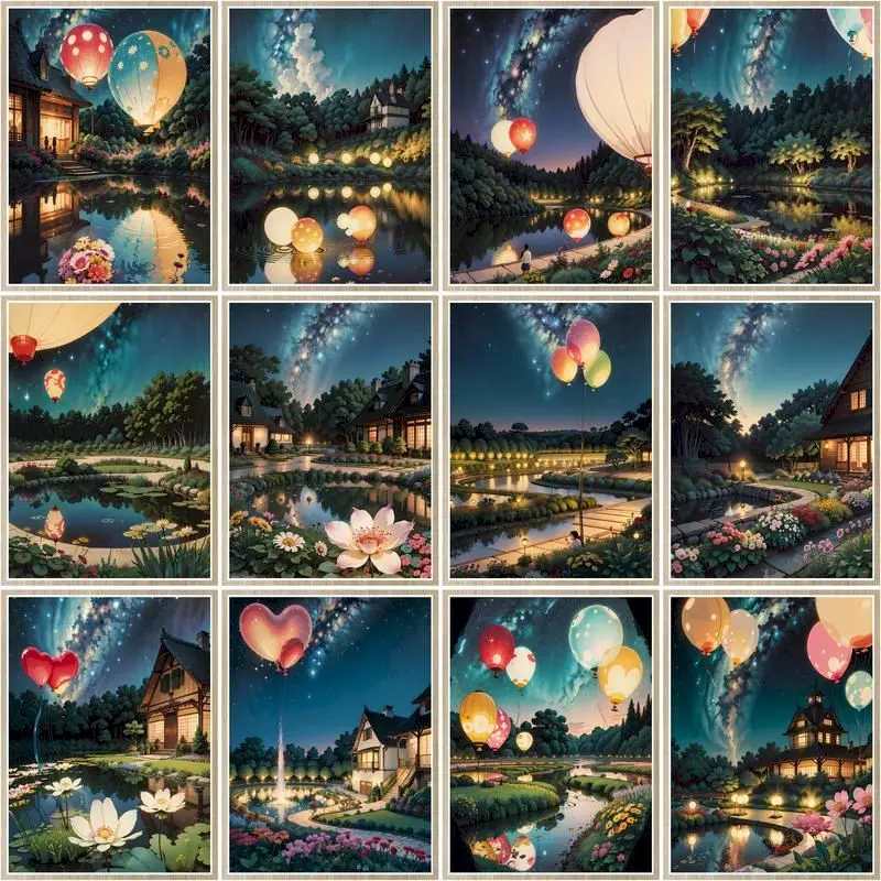 

CHENISTORY Painting By Numbers House Garden DIY Kit For Adults Coloring ByNumbers-Balloon Landscape Handicraft Home Decoration