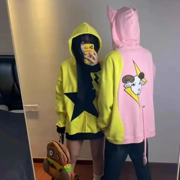 Street Contrast Color Hoodie Y2K Oversized Sweatshirt Tail Goth Long Sleeve Coat Women Grunge Jacket Streetwear 2022