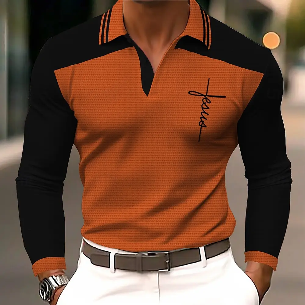 Men's 3D Printed Cross Pattern Golf Shirt Long Sleeve Polo Shirt Business Casual