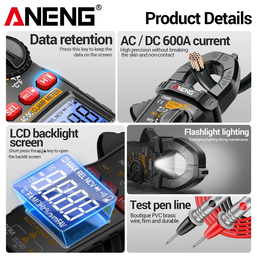 600A AC/DC 전류 클램프 미터 멀티미터 디지털 전압 다이오드 테스터 ANENG CM86+BT169 범용 배터리 전문 감지기