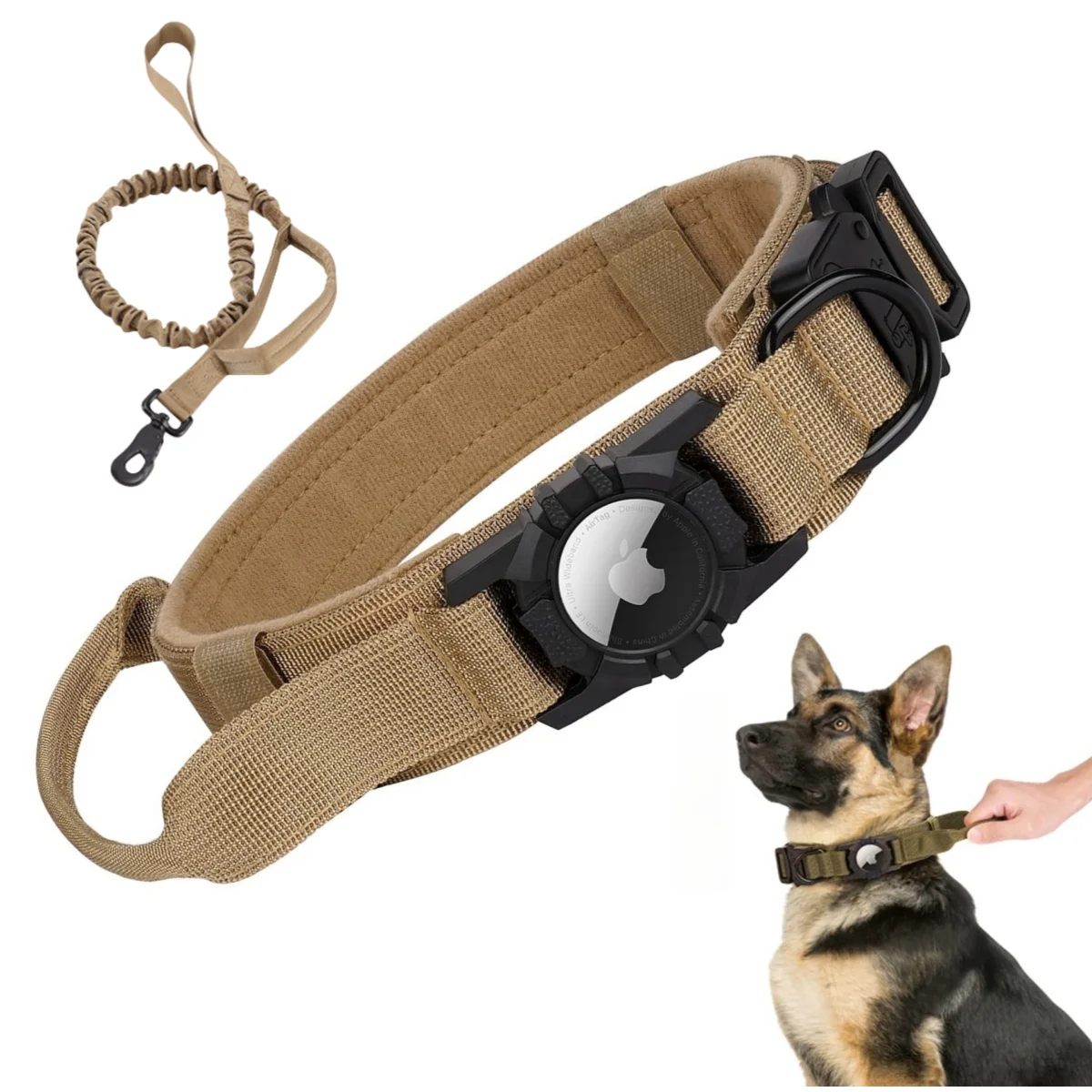 Taktisches AirTag-Hundehalsband, mit AirTag-Halter und Griff, Militärhundehalsband mit Metallschnalle, verstellbares GPS-Halsband für mittelgroße und große Hunde