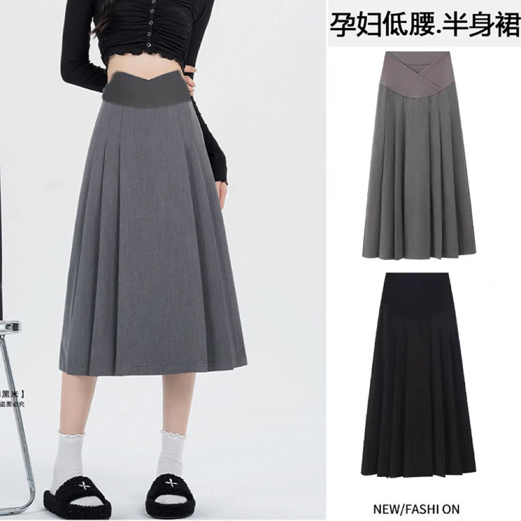G73428# Maternity Skirt Pleated Design Skirts Korean Style Maxi Dress Low Waist Pregnancy Skirt