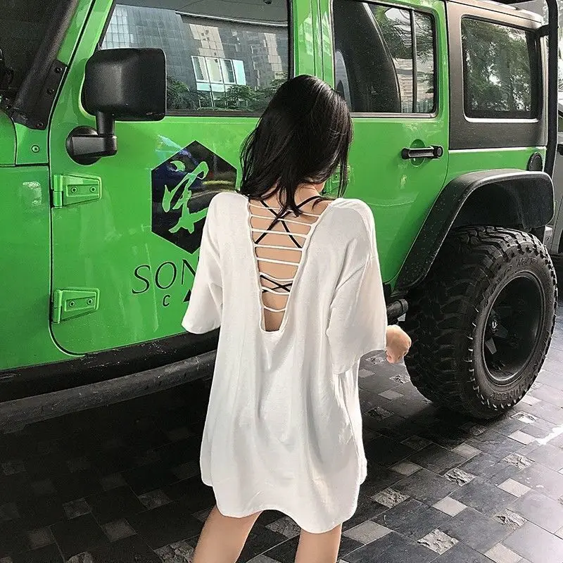 Short-sleeved T-shirt Women Mid-length Fashion Hollow Half-sleeve Heart Big Size Loose Thin Sexy Backless Fashion Brand summer