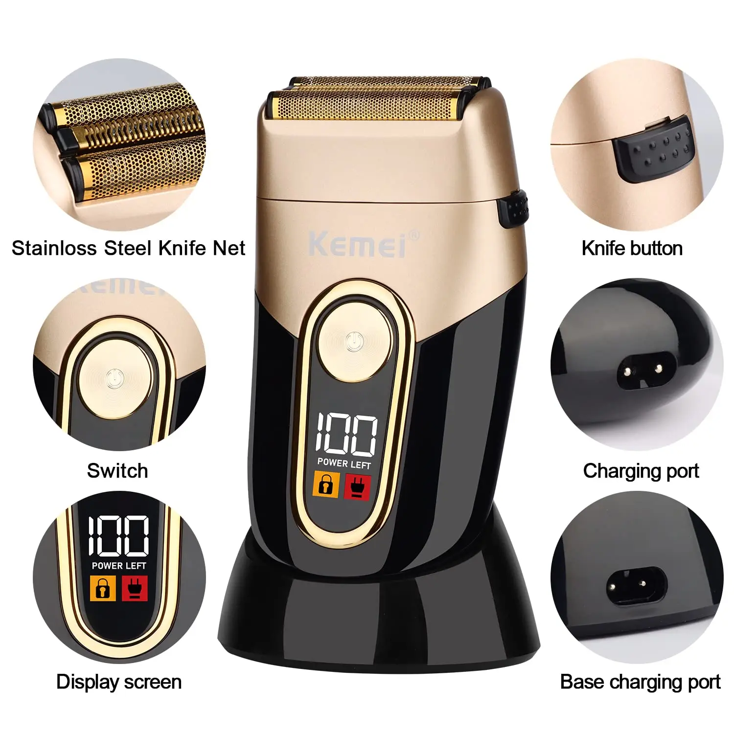 Kemei KM-3209 barbeador elétrico recarregável dupla camada alternativo máquina de barbear aparador careca lcd display digital navalha