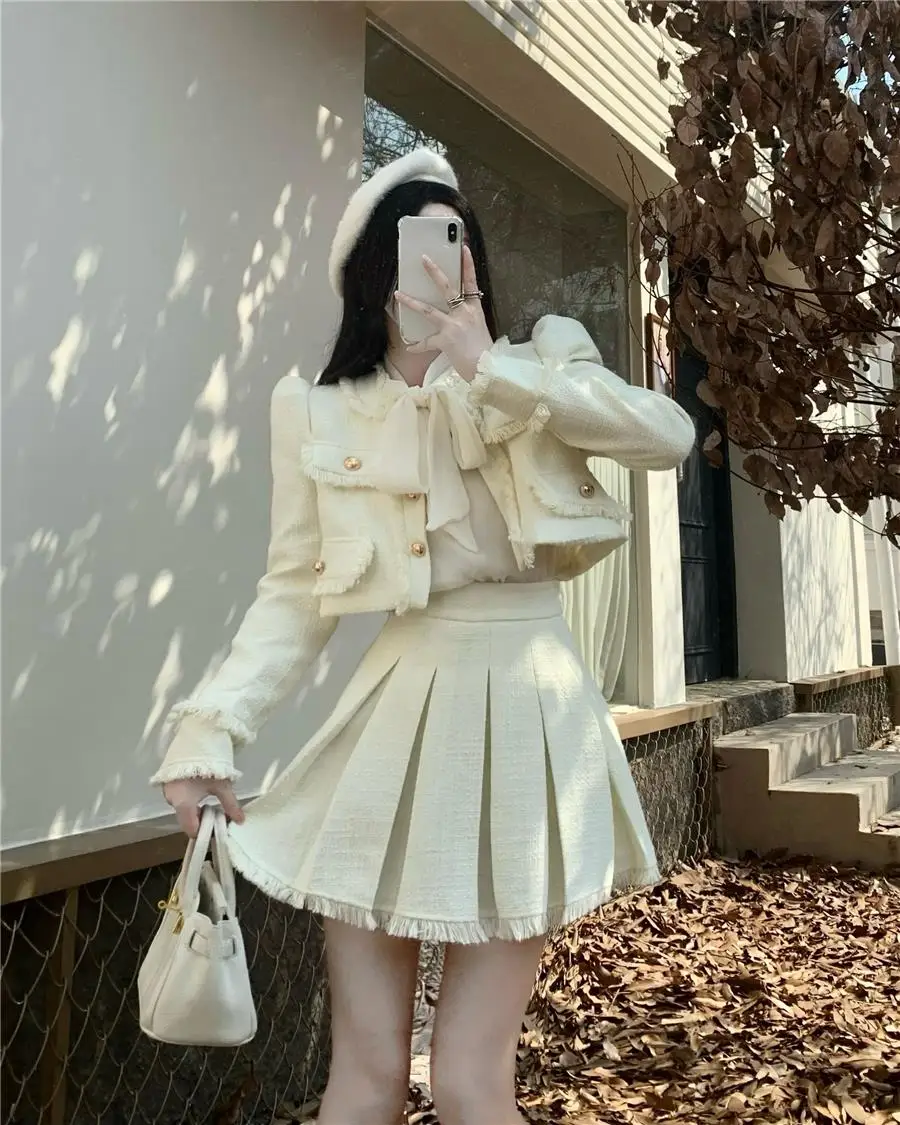 Autumn New French Vintage Tweed Two-Piece Skirt Set Women Short Jacket Coat + Pleated Mini Skirt Suits Korean Luxury Outfits