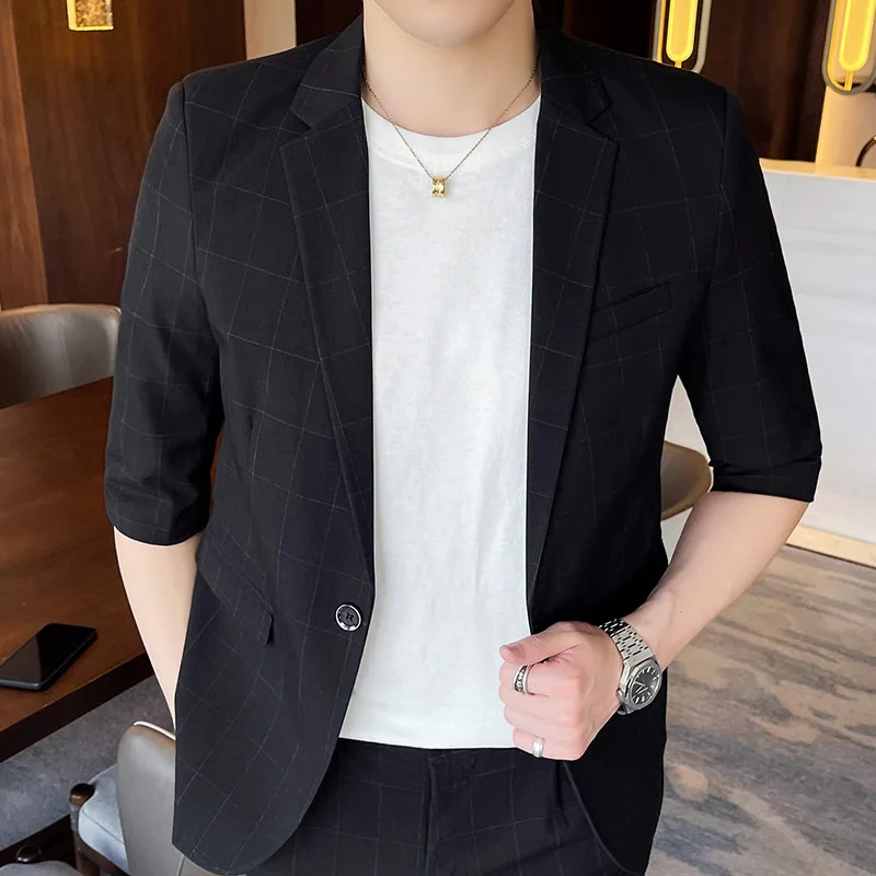 

5391-R-Short-sleeved Customized suit men's autumn solid color half-sleeved Korean students compassionate trend