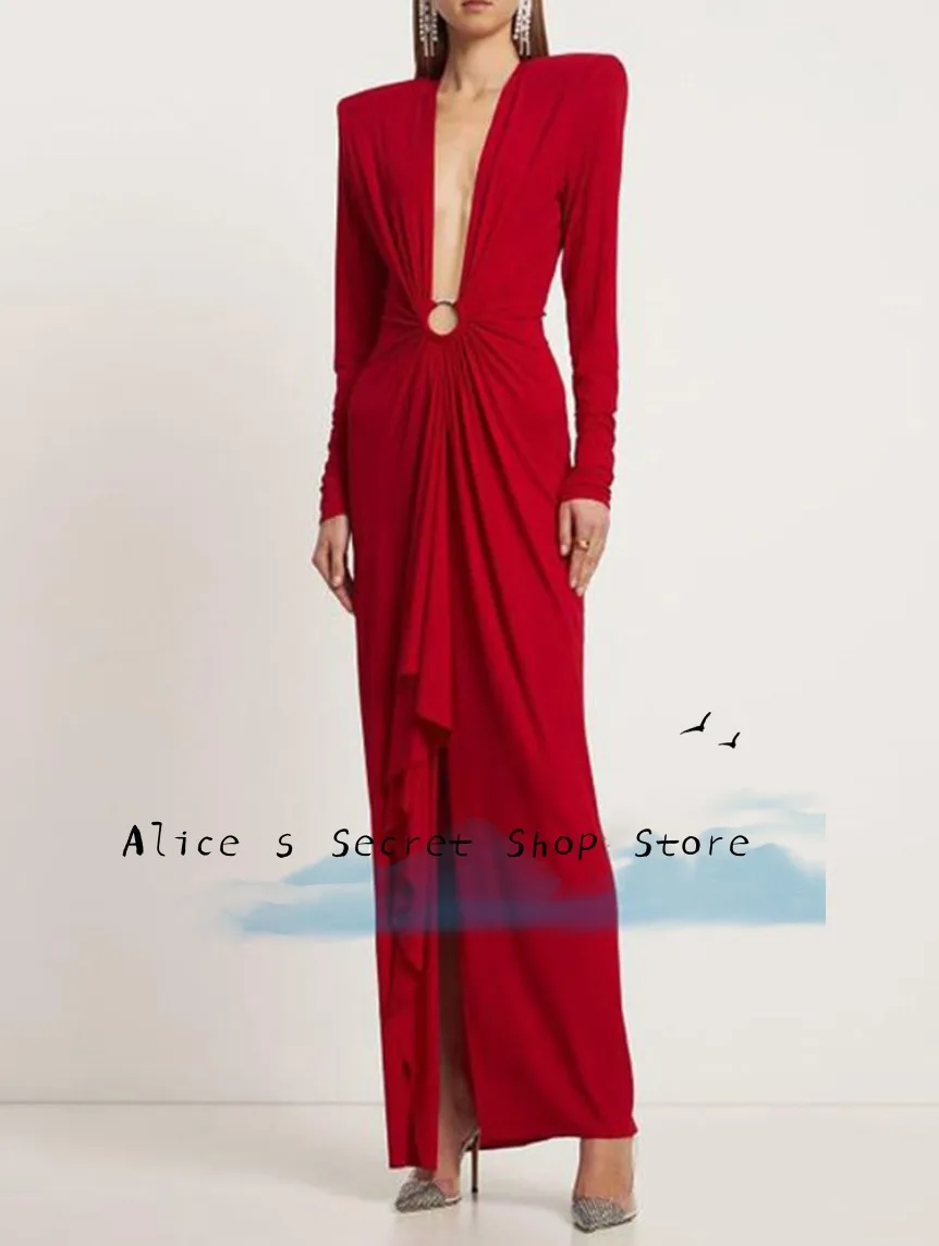 

Fashtion Red Mermaid Evening Dress for Women Deep V-neck With Satin Full Sleeve Party Gowns/Bespoke فساتين سهرة مقاسات كبير