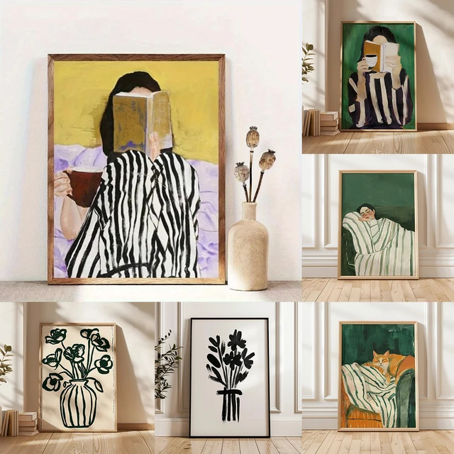 บทคัดย่อผู้หญิงอ่านหนังสือและเครื่องดื่มกาแฟผ้าใบพิมพ์สีเขียวลายผู้หญิง Wall Art โปสเตอร์สําหรับห้องนั่งเล่นตกแต่งบ้าน 1