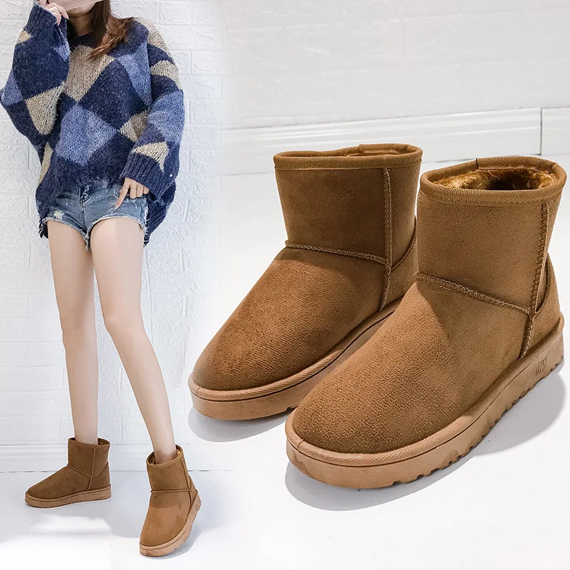 Winter Women Snow Boots New Thickened Plush Warm Womens Boots Anti Slip Thick Sole Shoes Fashion Short Barrel Brown Snow Boots