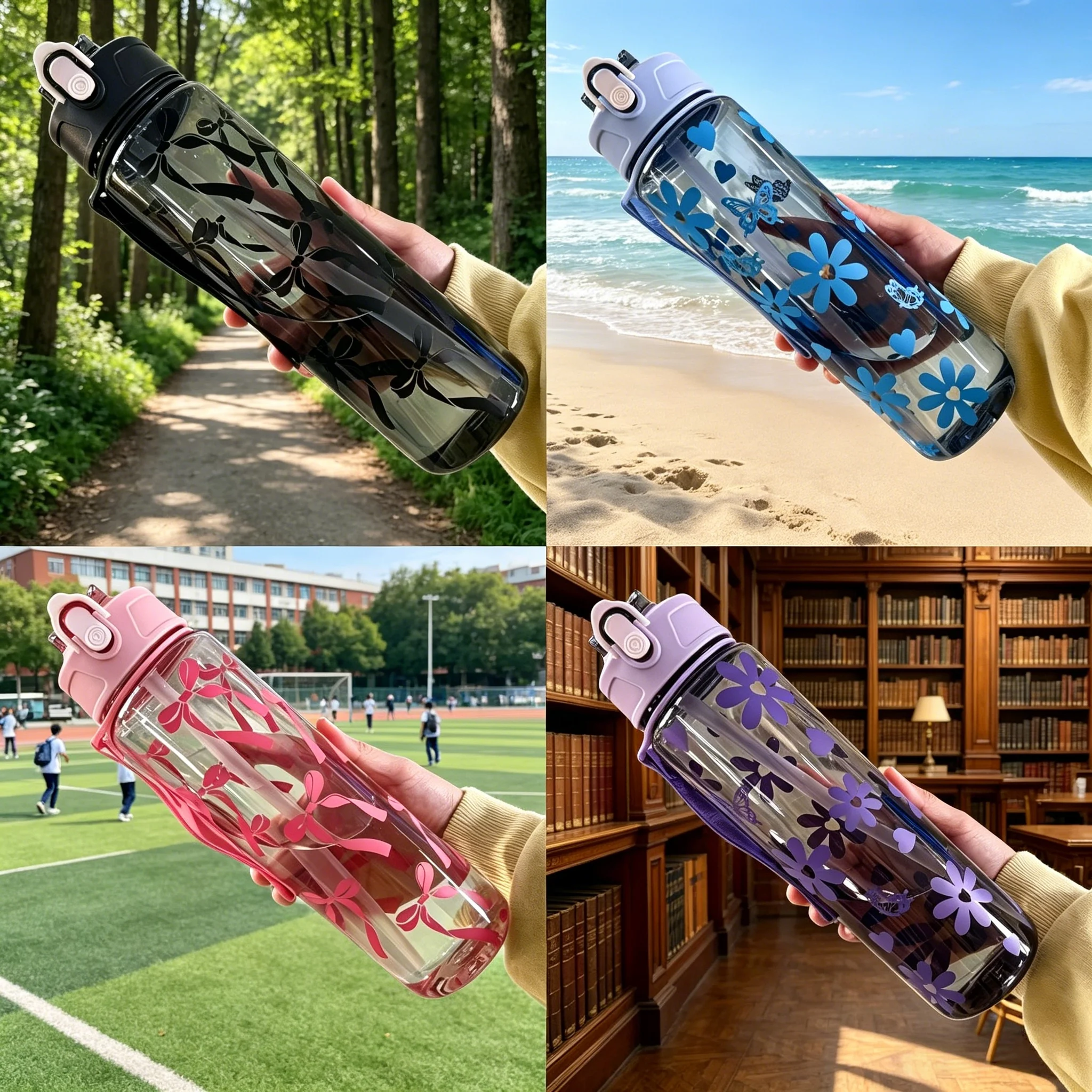 Floral Bowknot Patterned Water Bottle - Trendy, Stylish, Lightweight & Durable with Portable Lanyard