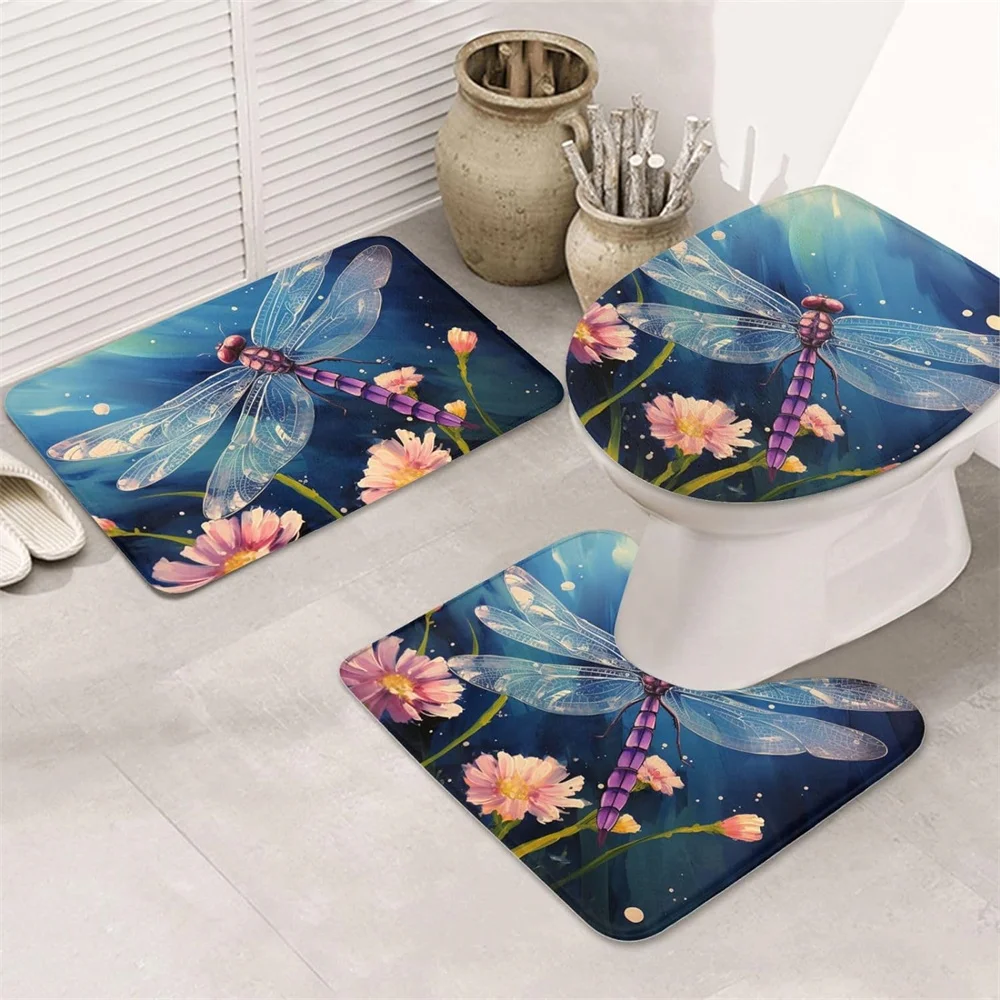 

Dragonfly Floral Bathroom Set Insect Bathroom non-slip Carpet Toilet Seat Mat Bathroom Decor Super Soft and Absorb water