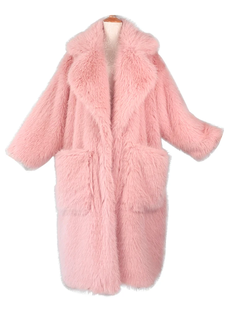 Lautaro Winter Long Oversized Pink Thick Warm Soft Shaggy Fluffy Faux Fur Coat Women Pockets Lapel Loose Sweet Cute Fashion 2022 3