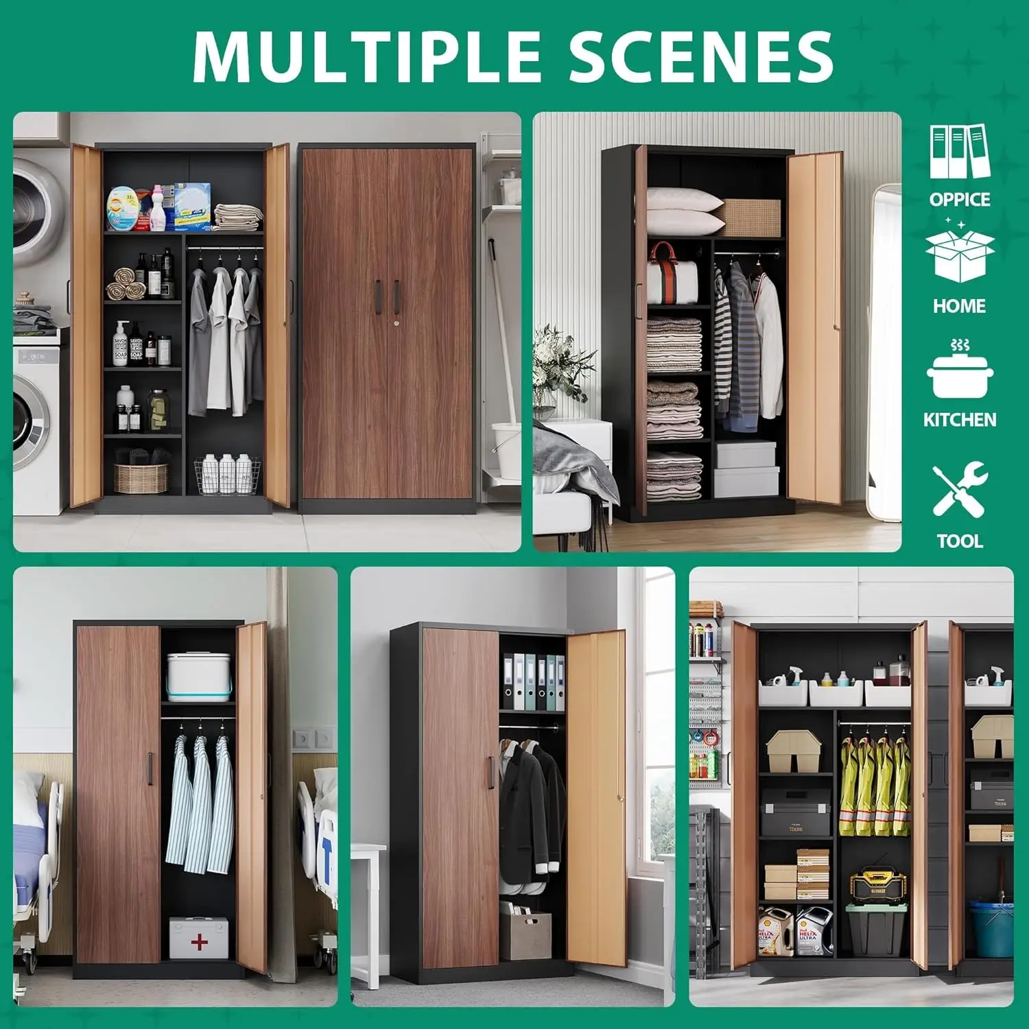 Metal Storage Cabinets 72'' Employee Lockers Steel Wardrobe with Lock Door for Office Home School Gym Fire Department Hotel Wood