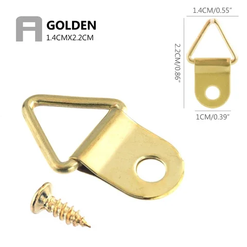 

Wholesale 50PCS Small Golden Triangle D-Ring Hanging Picture oil Painting Mirror Frame Hooks Hangers With Screws