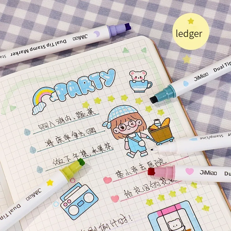 6 Colors Stamp Double Headed Art Markers Highlighter Pen Star/Heart/Moon/Drop/Square for Scrapbook Diary Poster Christmas Card 5