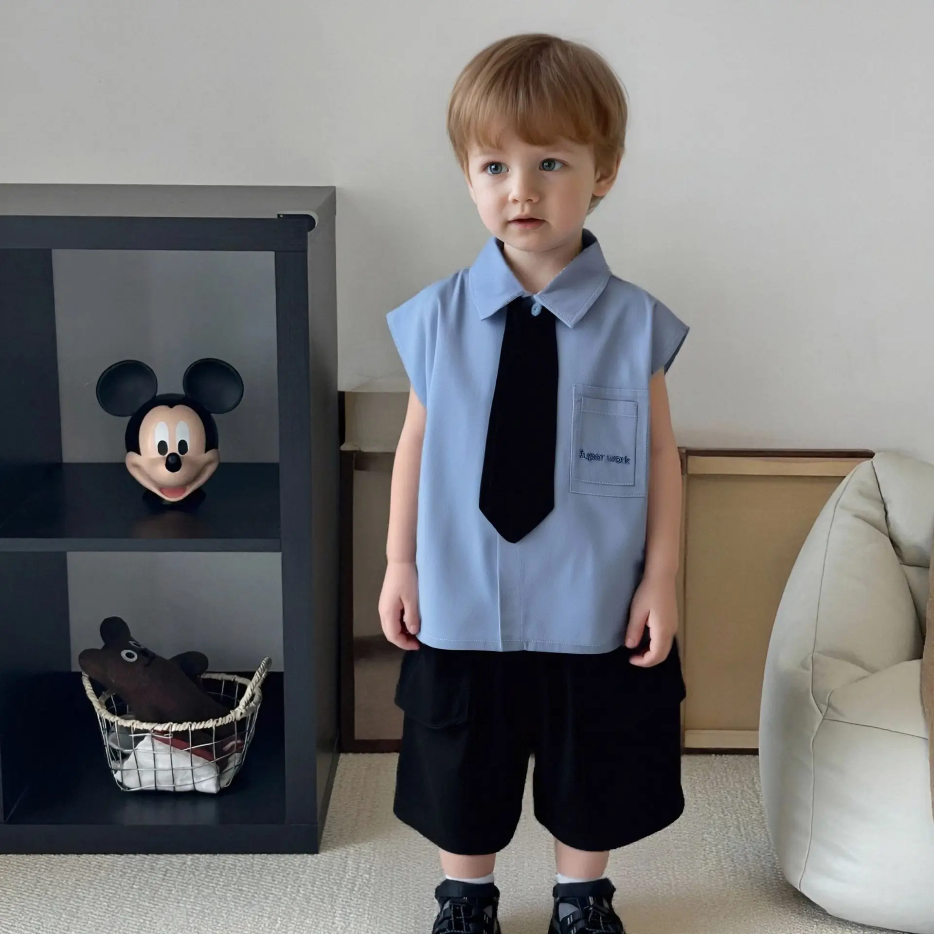 Summer Children Boy 2PCS Clothes Set Cotton Letter Blue Infant Baby Boy Polo Shirts Black Tie Handsome Casual Half Shorts Outfit