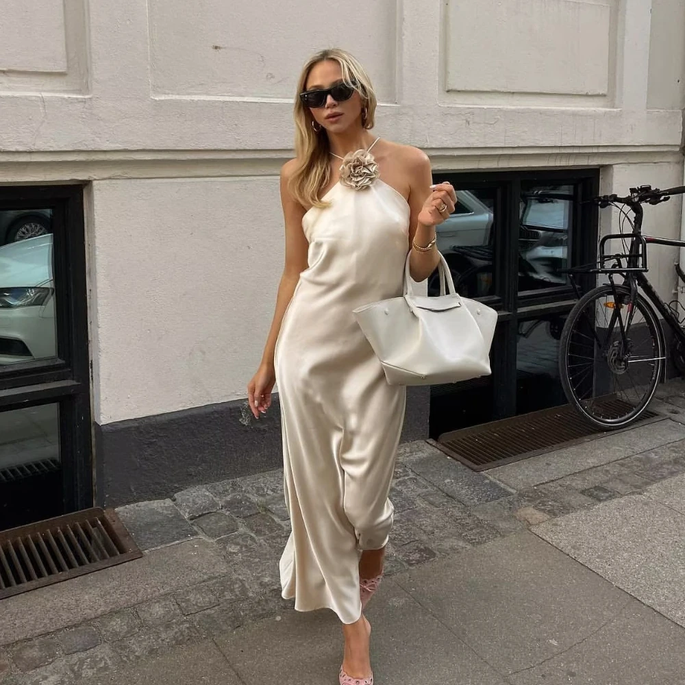 

Mingmignxi Elegant 2023 Women Solid Mid-Calf Camisole Dresses Summer Female Halter Backless Party Casual Bandage Dress