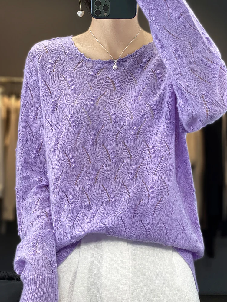 

100% Merino wool clothing women's round neck pullover spring and autumn thin knitted thread hollow top fashion Korean new produc