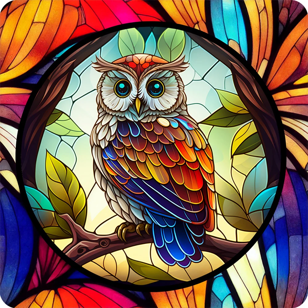 5D DIY Full Round Drill Diamond Painting Stained Glass Owl Kit Home Decor