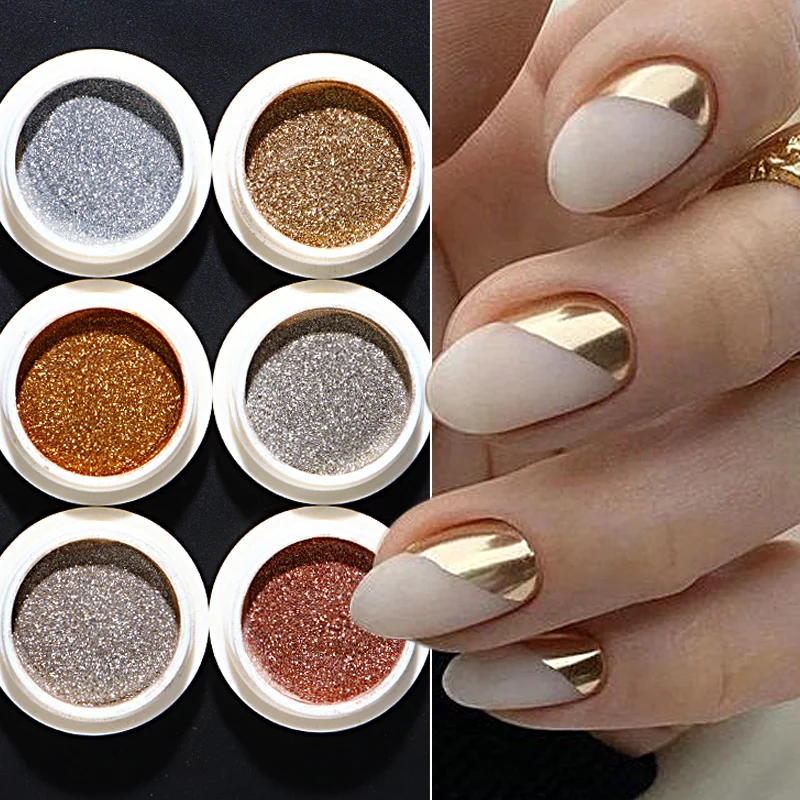 6 PCs Nail Art Magic Mirror Powder Gold Silver Antique Copper Shiny Rubbing Glitter Pigment Flakes Nail Metallic Chrome Powder
