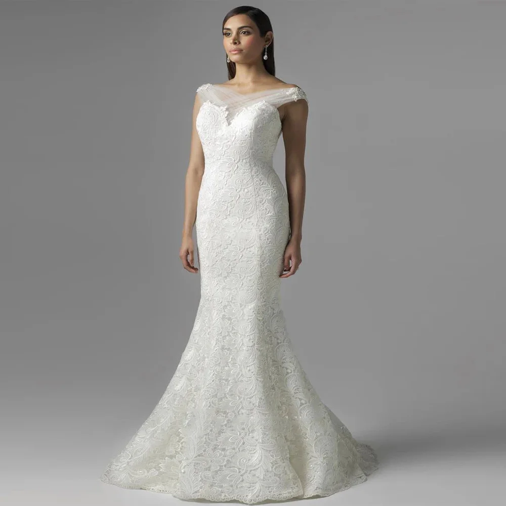 

Fashionable Mermaid Wedding Dress For Bride Appliques Backless Tulle Button Chapel Train Robe De Soirée De Mariage Custom Made