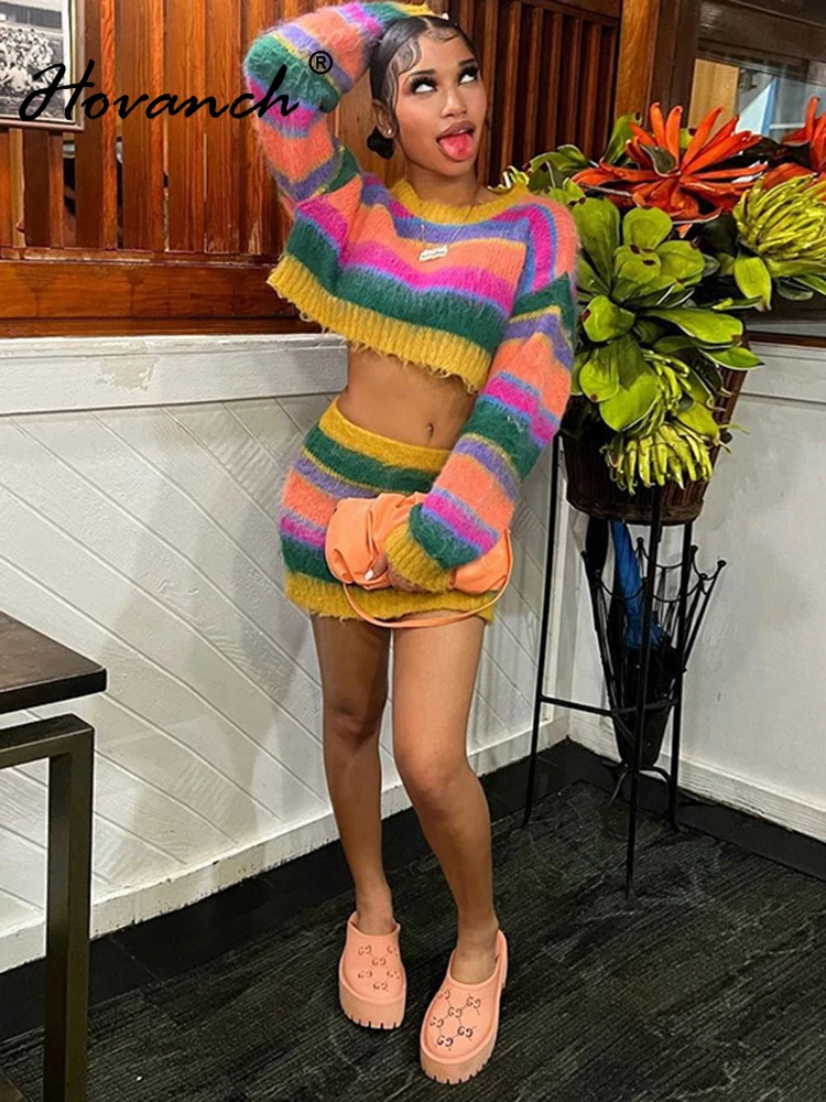 

Hovanch Striped Knitting Two-Piece Women's Round Neck Long Sleeve Crop Top And Bodycon Mini Skrit Matching 2023 Casual Wear