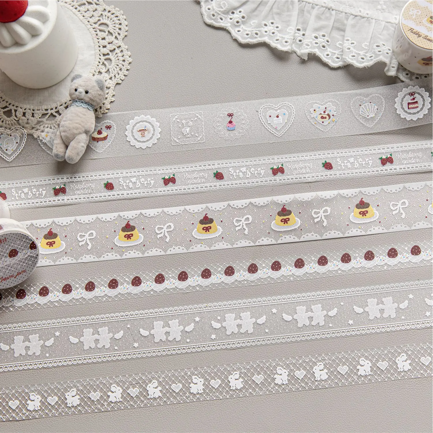 수제 레이스 시리즈 빈티지 레이스 딸기 케이크 풍경 PET 테이프 창의적인 DIY 저널 재료 콜라주 문구류