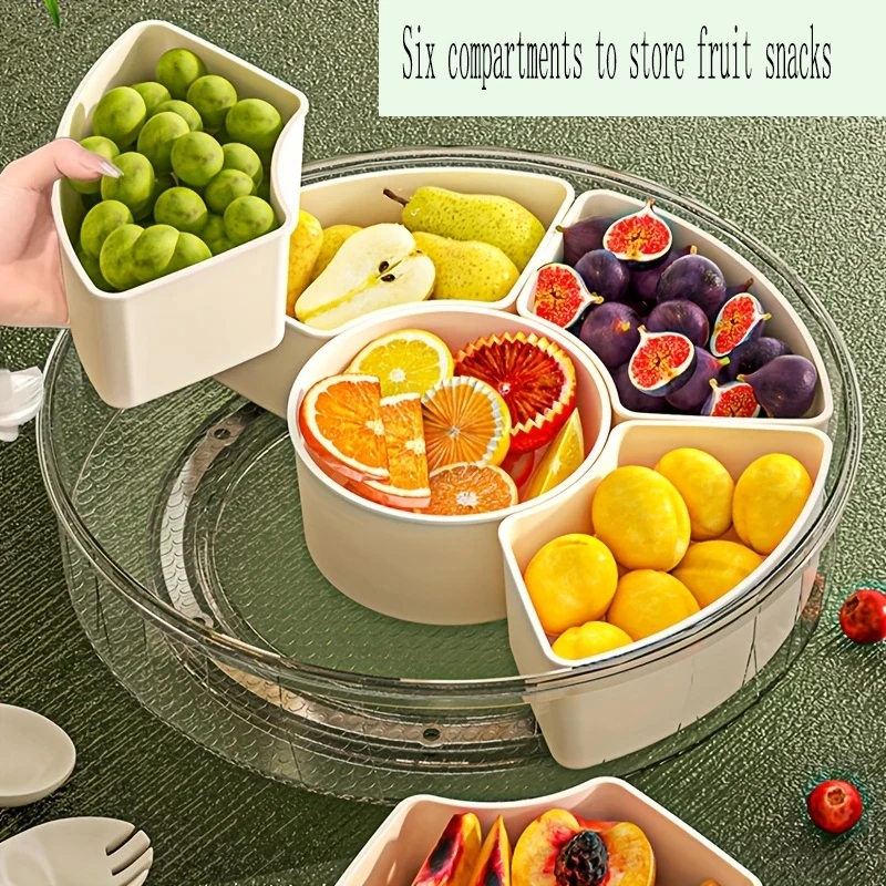Family Pack Rotating Picnic and Snack Tray with Lid - Six-Compartment Serving Dish