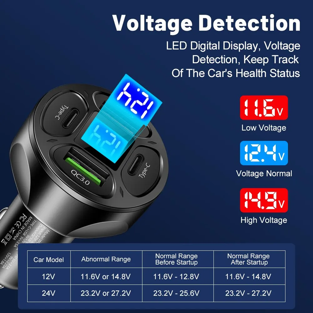 66W 4 Ports USB Car Charger Fast Charging PD Quick Charge 3.0 For iPhone 13 12 Xiaomi Samsung