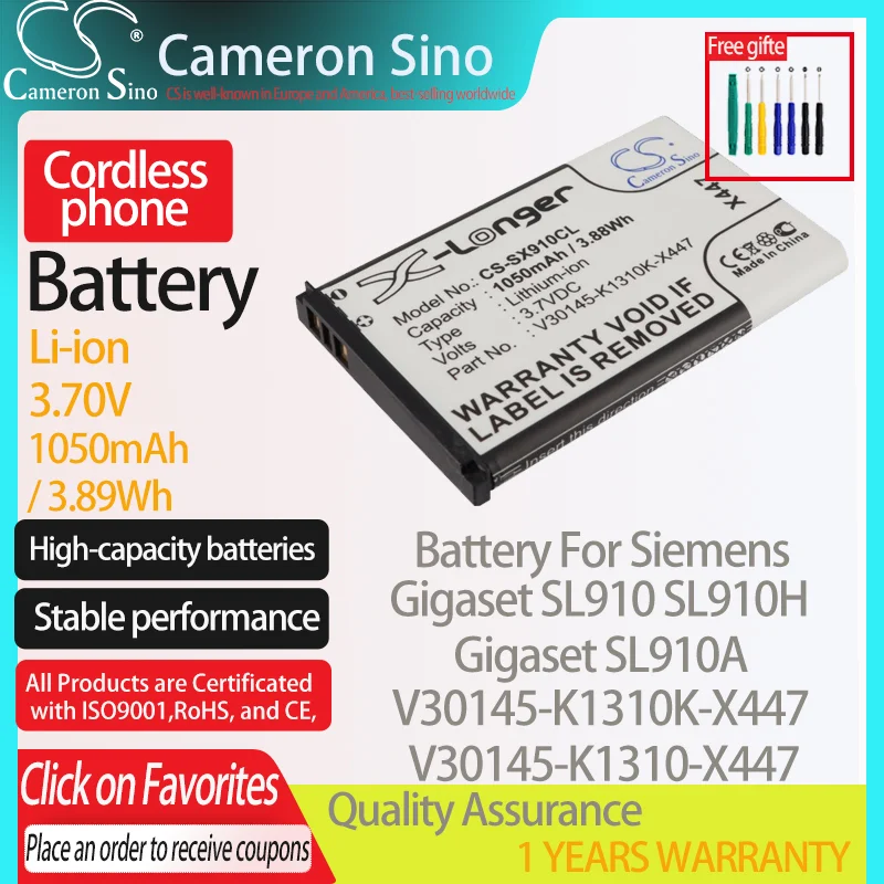 Batteria Cameronsino Per Siemens Gigaset Sl910 Sl910H Sl910A Adatto Per Batteria Telefono Cordless Siemens V30145-K1310K-X447 1050Mah 3.70V
