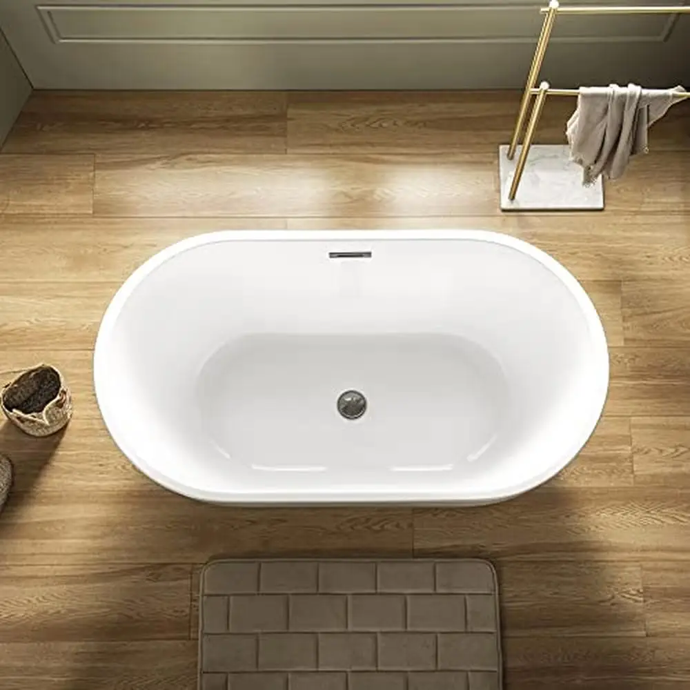 48" Contemporary Acrylic Freestanding Bathtub Soaking Tub Non-Slip Design White(Brushed Nickel Drain/Overflow Kit Included 5