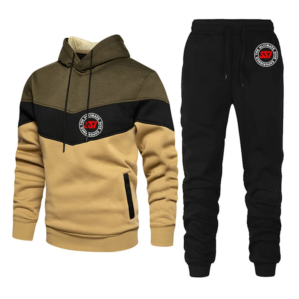 Scuba Diving Dive SSI Printing Fashion 2023 New Man's Three-Color Stitching Pullover Leisure Tracksuit Sweatpants 2-Piece Set