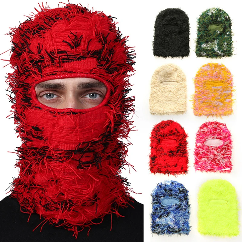 New Hip Hop Balaclava Distressed Knitted Caps Full Face Ski Mask Women Outdoor Camouflage Fuzzy Ski Balaclava Beanies Hat 2