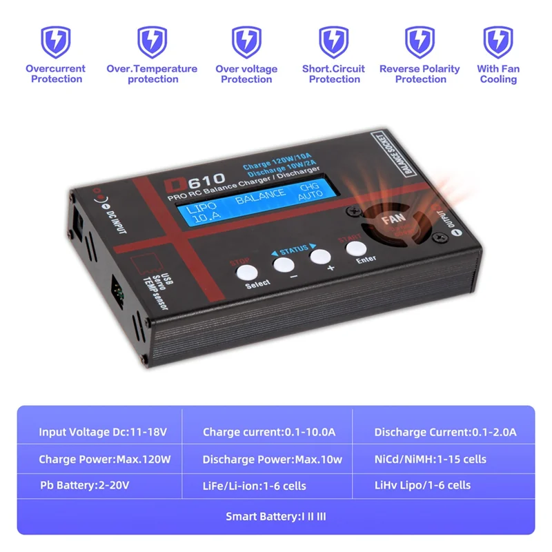 【Great Selection】 -D610 120W 10A Balance Charger Discharger Smart Charger For Lipo/Life/Lihv/Li-/Nicd/Nimh/2-20V PB.
