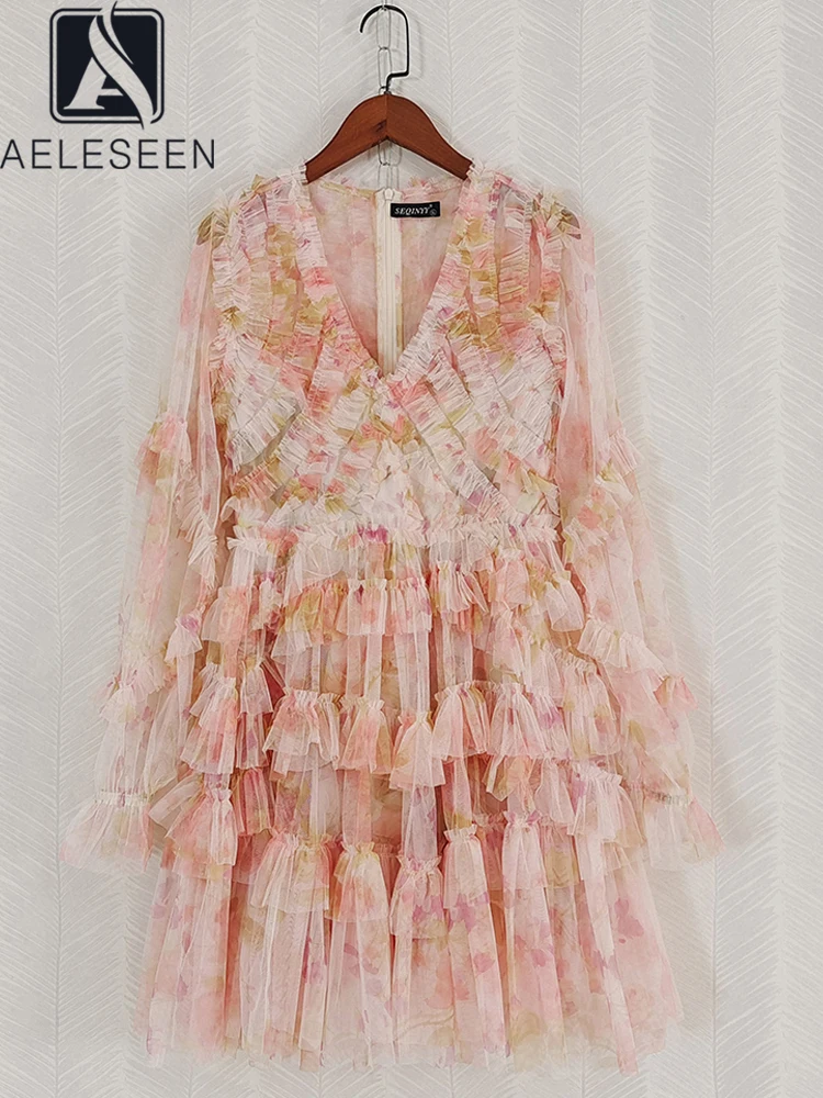 

AELESEEN Elegant Pink Gauzes Dress For Women Spring Summer Long Sleeve V-Neck Flower Print Ruffles Folds Mesh Elegant Party