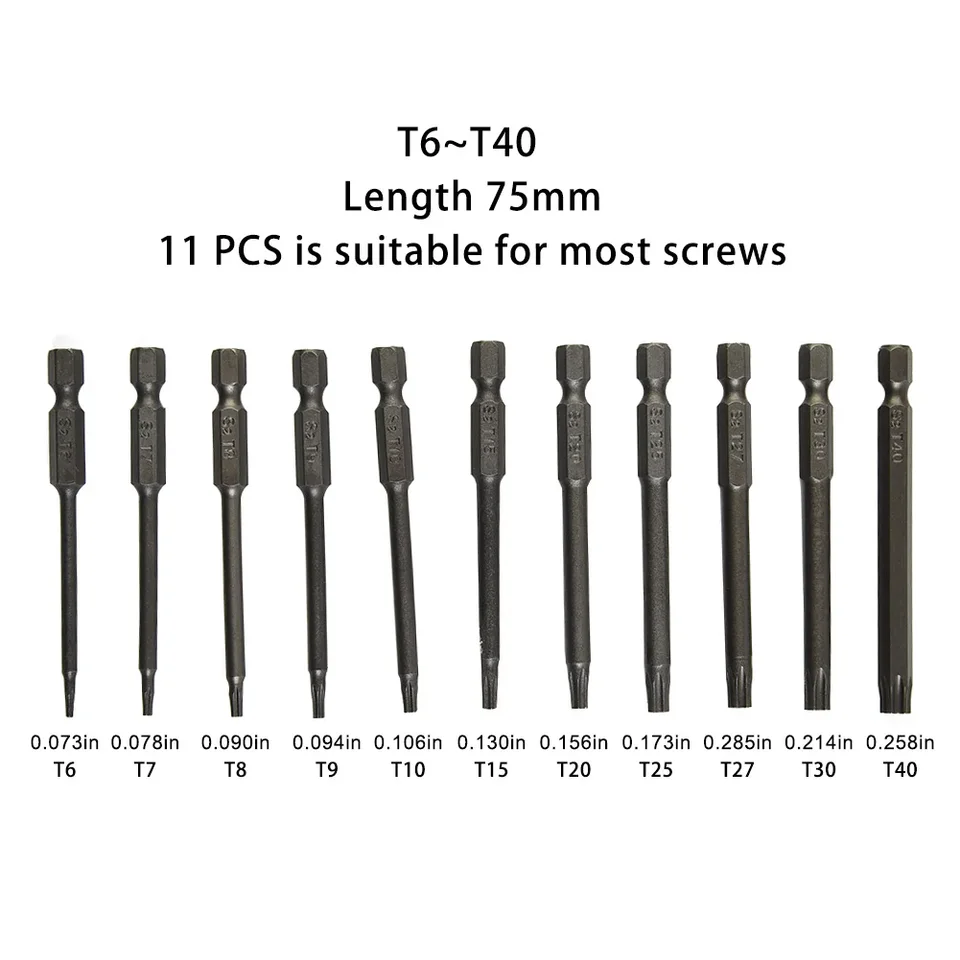 12 Stück Torx Schraubendreher Bits – S2 Stahl, Magnetisch, Größen T6 Bis T40
