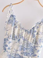 Retro French style Summer Blue White Floral Swallow Print Ruched Bandage Strap Mini Dress Sexy Ruffles Hem Lacing Up Sling Robe - Image 4