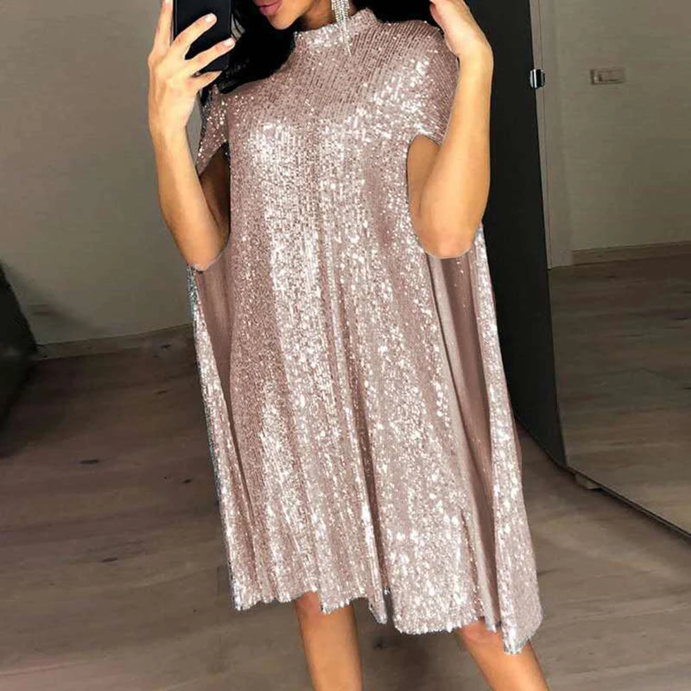 

Sexy Party Sequin Glitter Dress Mock Neck Cape Design Sequins Cloak Sleeves Dresses Ladies Fashion Elegant Formal Dress Vestidos