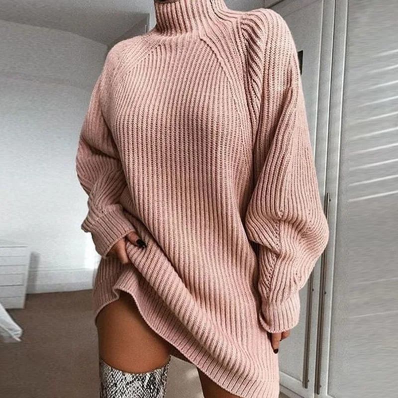 

Women's Turtle Neck Jumper Dress - Long Sleeve Pink Knitted Dress Sweater Dress Knitted Jumper Slim Fit Knitwear Pullover